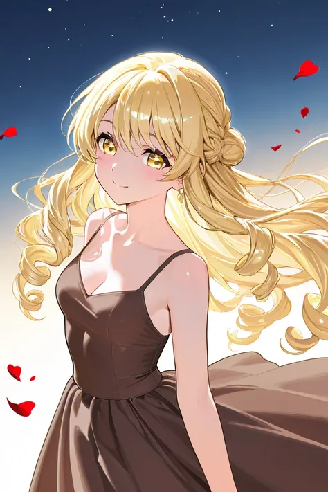 A woman that is a ballerina. She has long curly blonde haired with shiny golden lovely eyes, wearing a brown dress. There is magic flowing and a lot of stars surrounding her. She is sad but smiling after realizing shes in love with a boy. There are rose pe...