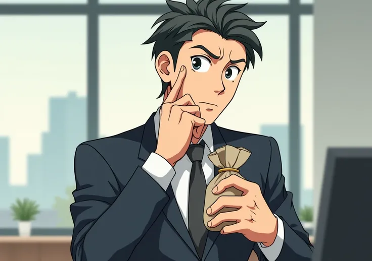 The businessman, with a thoughtful expression, shaking his head and saying "No," as he holds the pouch tightly, ready to return it. Anime style 