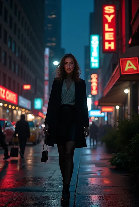 une femme dans les rue de new-york la nuit