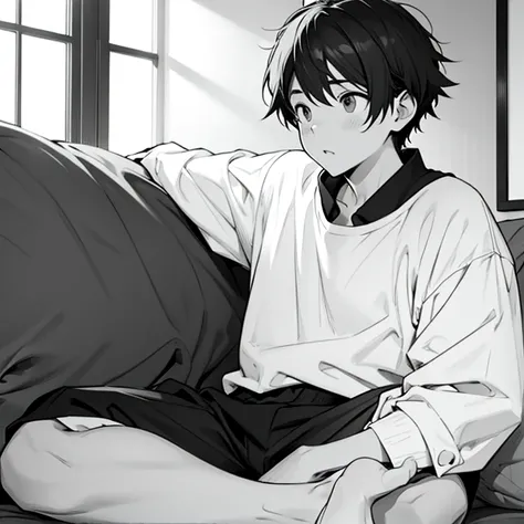  Black and White、   line art  、Surprised boy in futon