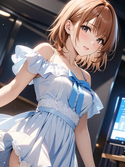 Dress, ( cute), (Misaka Mikoto), masterpiece:1.5, masterpiece, highest quality, UHD, retina, masterpiece, accurate anatomy, super detailed, high quality, best quality, 8k