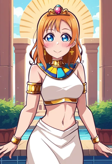 (Masterpiece, Best Quality, High Quality), anime style, love live,kousaka honoka , kousaka honoka,id_honoka_kosaka,love live, blue eyes, orange hair, 8k wallpaper, looking at viewer, earrings, outdoors, erotic figure, (blushing:1.2) , Egypt, white dress, m...