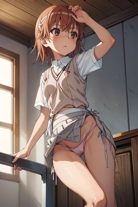 Mikoto misaka.、A Certain Scientific Railgun、girl、Small breasts、whole body,blush,Short sleeve blouse、Beige knit vest、Darkgrey plain pleated skirt、best quality,(g-string:1.1),(side-tie panties:1.4),(skirt lift:1.4),(panty shot:1.3),