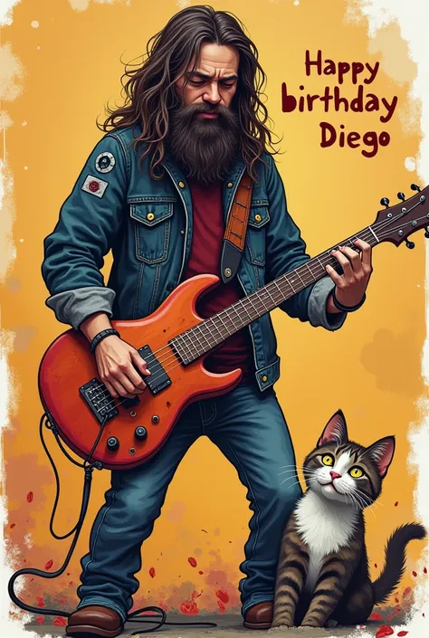  Create me an image of a rocker playing bass ,  he has a pet cat and he also programs in Java,  written on it the image must be in pre-designed drawing style, It must have written happy birthday Diego .  Hopefully youll add a little humor to the image