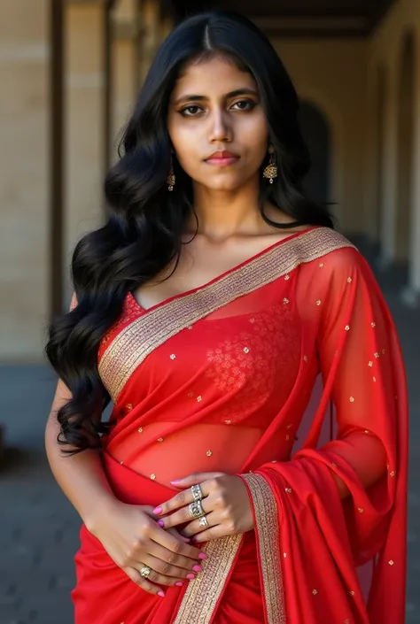 A woman in a sari poses for a photo, big boobs, big ass, 36DD Indian, Beautiful goddess, girl, Gorgeous woman, south east asian with long, provocative indian, beauty, Big boobs, deep cleavage, sexy navel, Large breasts and deep cleavage, strap background