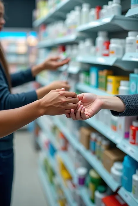 A picture inside a pharmacy where products are offered to buyers where we can see only the hands 