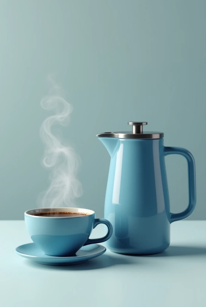 a cup of coffee stands next to a blue coffee can