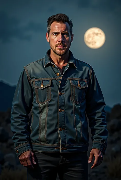 man in denim jacket, blue eyes, ultra realistic photo, RAW photo, full body, dark sky background, moon light