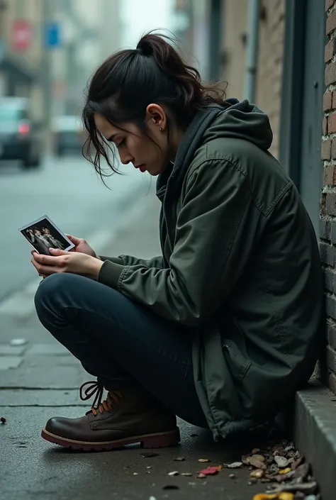 A sad person sitting on the pavement with all dirt looks at a picture that was in his hand and then a picture of his ex who left him and a picture in black and white 