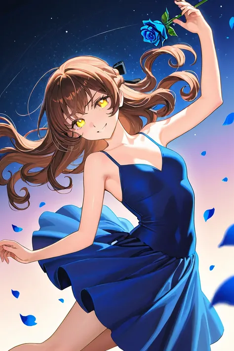 A woman that is a ballerina. She has long curly brown haired with shiny golden angry eyes, wearing a blue dress. There is magic flowing and a lot of stars surrounding her. She is sad but smiling after realizing shes in love with a boy. There are blue rose ...