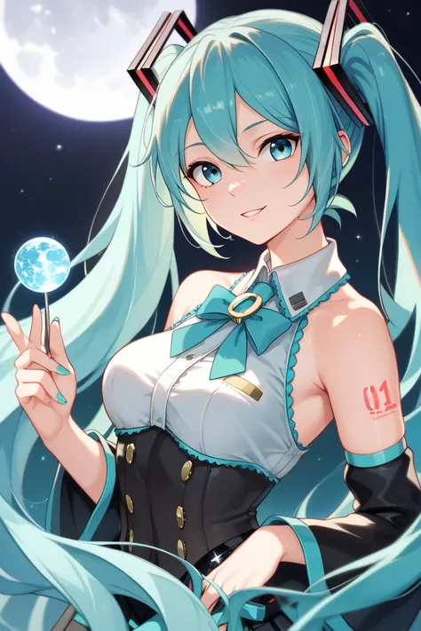 Hatsune Miku looks at the silver moon while holding a shamisen, vibrant,looking at viewer, masterpiece,  Very Aesthetic Masterpiece,  top quality ,