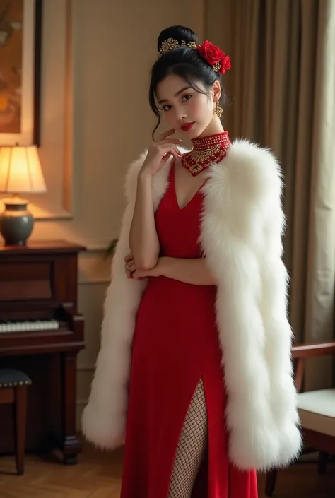 asian girl 18 years, completely nude, A young Asian woman,  A young woman wearing an elegant red qipao with a high slit, adorned with a white fur shawl. Her hair is styled in an intricate updo with decorative red and gold floral ornaments. She stands grace...