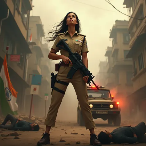 A powerful female police officer standing confidently in the middle of a chaotic urban street, holding an assault rifle. She is dressed in a indian khaki police uniform, with a bold and determined expression looking upward. Behind her, a police jeep with f...