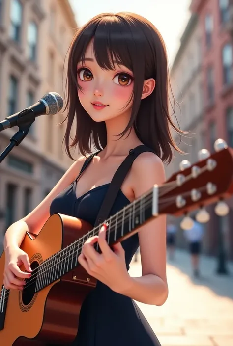 ((Best quality, 8k, Masterpiece :1.3)), 1girl, smiling, full body, slim face, Pretty woman, (Dark brown hair), full length dress :1.1, Ultra-detailed face, Detailed eyes, Double eyelid, blur background, slim face, city, outside, street, having a guitar in ...