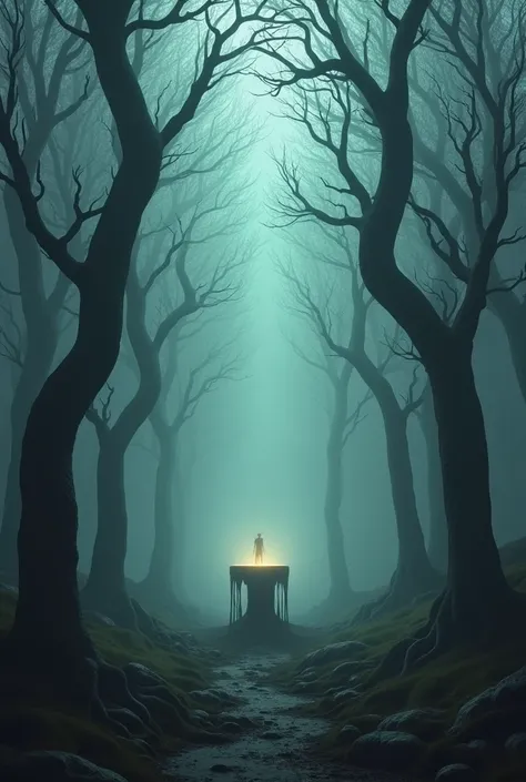 "A haunting 3D view of the entire cursed forest, with the endless table glowing faintly at its center. The trees are twisted into shapes resembling writhing, tormented figures, and a faint mist envelops the scene, with Harvin barely visible, trapped foreve...