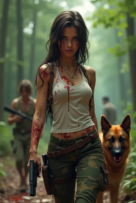  Create a brown female character , thin,  big ass, huge breasts , big boobs, fair skin ,perfect body   Green Eyes,  with loose hair , zombie hunter,  wearing  wet white tank top, camouflaged pants ,  Holding a pistol ,  accompanied by a German shepherd dog...