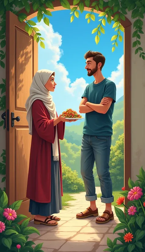 Zeynep stands at Alis doorstep, her face beaming with a genuine smile as she offers him the plate of food. Ali, surprised and conflicted, stands in the doorway with his arms crossed, revealing a hint of curiosity in his expression. The setting features a b...