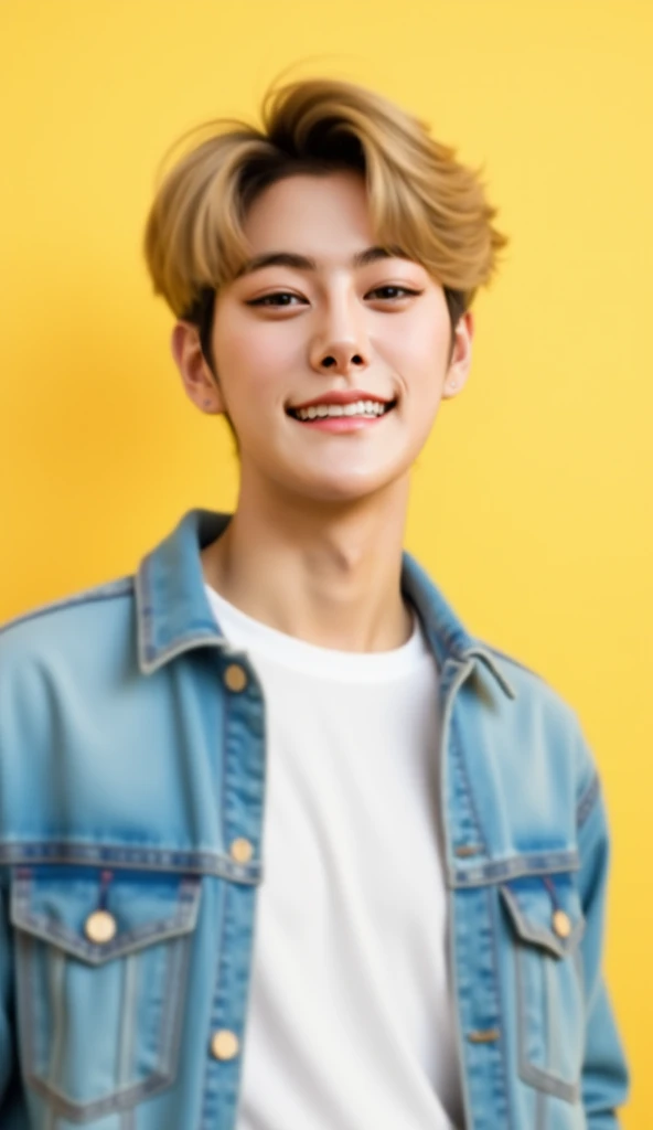 A 22-year-old Korean boy with blond, modern hair styled casually, a symmetrical face, and big, expressive eyes filled with warmth. His medium, defined mouth curves into a soft, radiant smile, and his straight, defined nose adds balance to his charming feat...