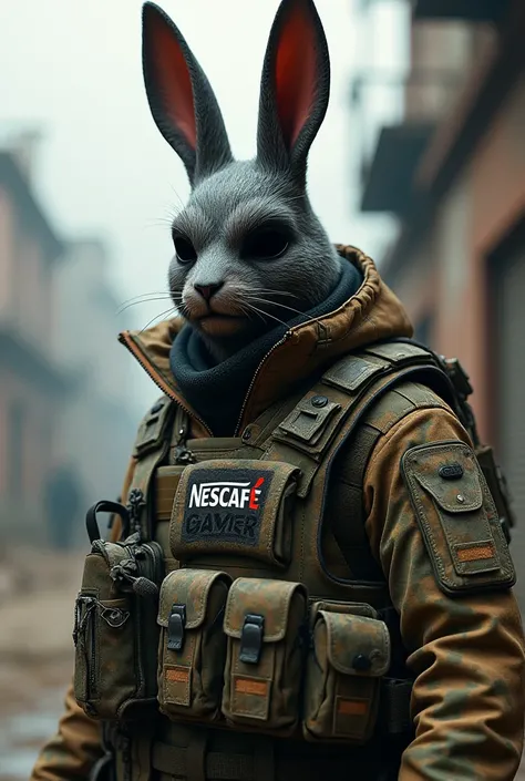 Military video game character with bad bunny mask , war fund and on the vest the name Nescafe gamer