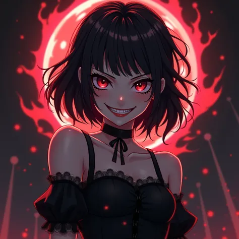 Evil anime teen girl laughing , 4k , cute , dark flashy background , cool dark dress, villain style