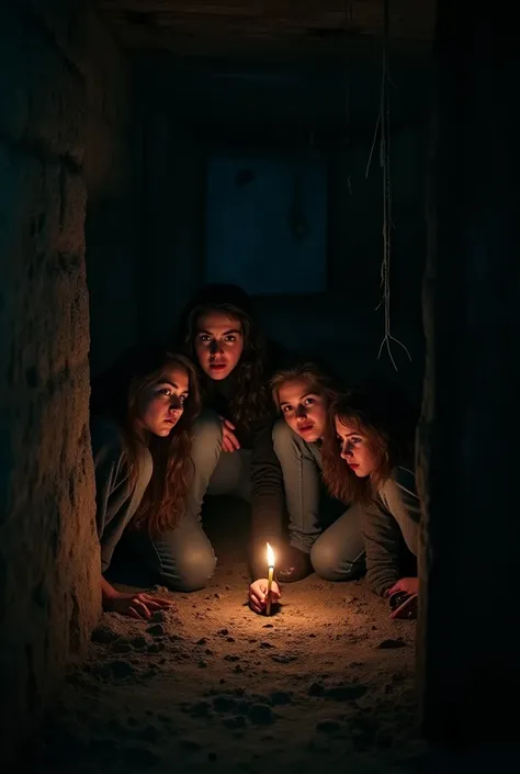 The cramped, pitch-black cellar, with the group of teen ager 2 boy and 2 girl huddled together, their faces pale with fear. The faint light of a match illuminates their surroundings: cobwebs, old wooden beams, and a sense of suffocating dread.
