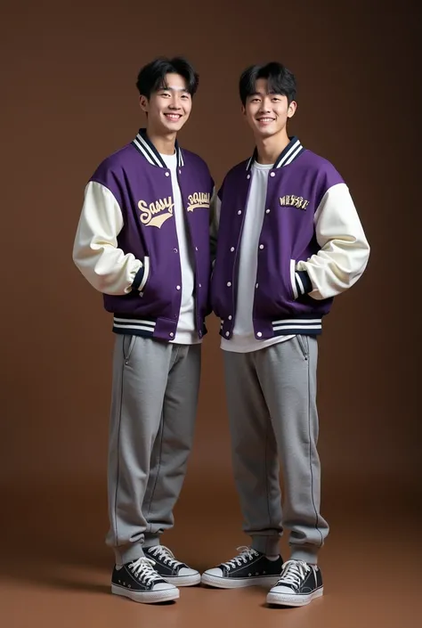 Create a full body 4 beautiful Korean mens smiling, Standing  pose style wearing a violetgray varsity jacket with written says  sassy squad  and graywhite jogging pants and beautiful modern shoes, dark brown background, large views, real photography.