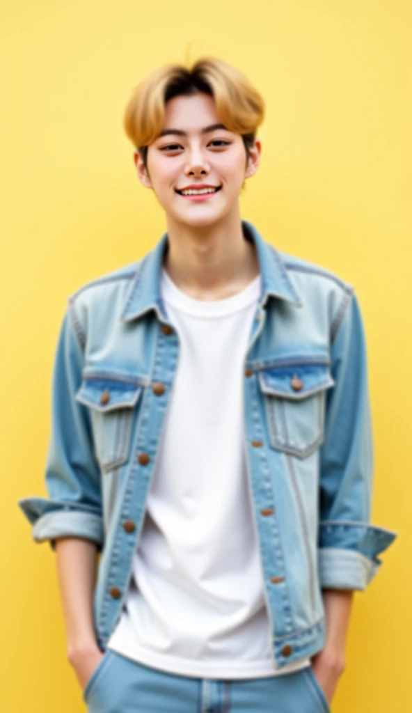 A 22-year-old Korean boy with blond, modern hair styled casually, a symmetrical face, and big, expressive eyes filled with warmth. His medium, defined mouth curves into a soft, radiant smile, and his straight, defined nose adds balance to his charming feat...