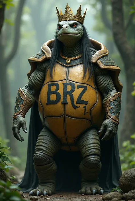 I could create a photo for a game of a QUEEN TURTLE ,  FEMALE warrior character with a crown and very elegant and I need BRZ1 written on her shell!