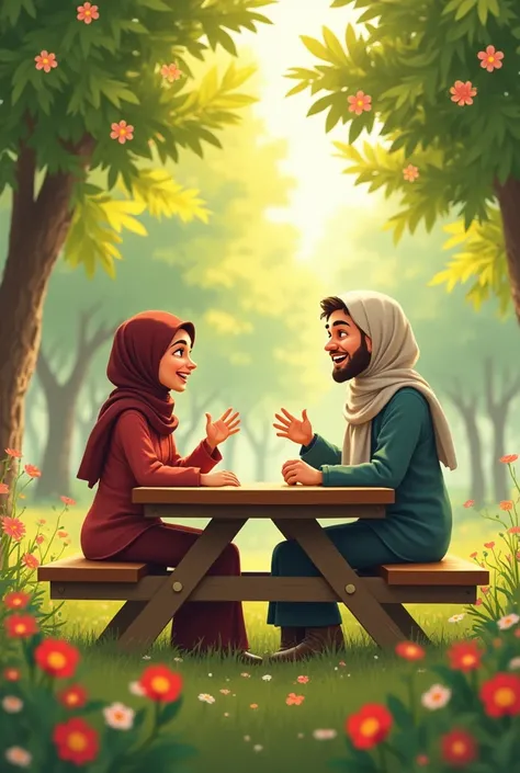 "In a beautiful park filled with blooming flowers and tall trees, Zeynep and Ali are sitting together at a picnic table. Zeynep is animatedly sharing stories, her laughter filling the air, while Ali, now relaxed and engaged, responds with a smile. Both are...