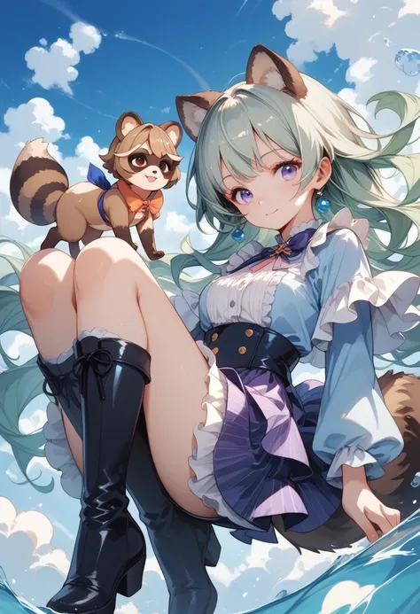 Two women　One is a woman in her 30s 　Light green hair color　 longhair 　 idol-style black, cool, fluttering, and gorgeous costume　 shorts　 light blue one point on black fabric　 long boots　Japanese pattern　 raccoon dogs tail and tail

The other one is a woma...