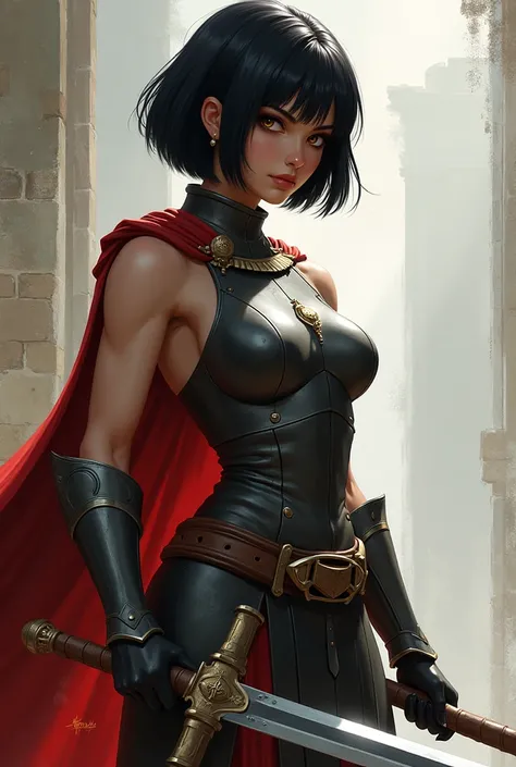 Sleeveless, strong woman, knight, short black Bob hair, muscular, buff arms,greatsword 