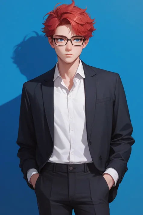 1 korean young man, straight red hair, blue eyes, rounded face, glasses, looking to the side, black dress shirt, black dress pants, hands in pockets, blue wall background,