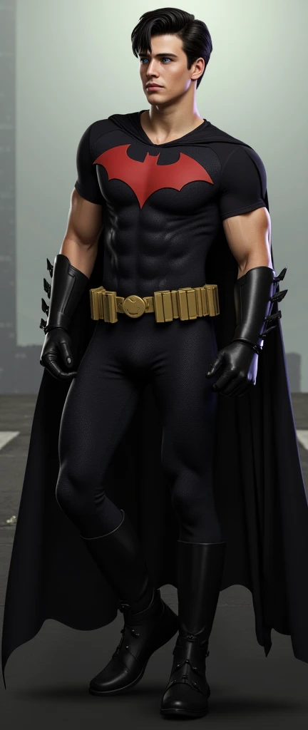 Create a realistic image of Batman as a young adult, around 18-20 years old. He should have a strong, athletic build and resemble a younger version of Batman  with a well-defined jawline, short black hair, and piercing blue eyes. He is wearing a modernized...