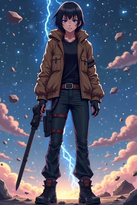 Im drawing an anime girl who is 18 years old. She has black hair, wears a black shirt and pants, a brown jacket, has a gun and a sword, looks like a prize hunter and stands in a space with flying stones