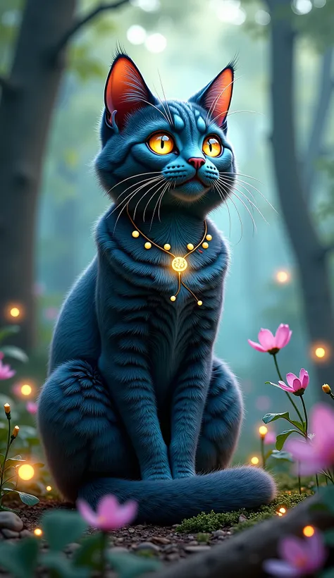 Create a highly detailed and realistic image of an adult mystical cat. The cat should have shimmering fur that reflects a spectrum of colors, resembling a starry night sky. Its eyes should be large and expressive, glowing with an otherworldly light, perhap...