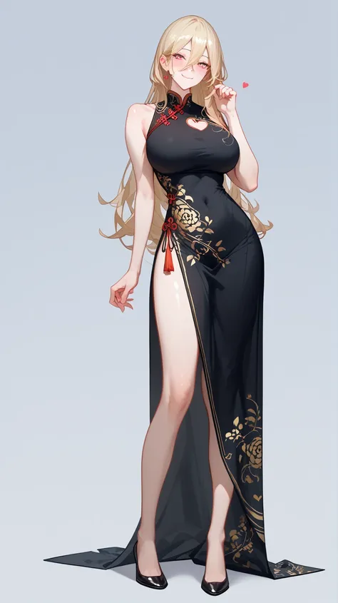 1 Girl,  unique ,  HD, Accurate,  long hair, blond,  hair between eyes,  Big Breasts ,  blush,  has a seductive smile, heart in eye,  Wearing cheongsam， Full Body Photo ， long legs，Black Silk：1.5， format