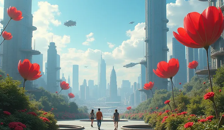 "A stunning digital matte painting of a futuristic, minimalist garden in a vast cityscape, with abstract red heart-shaped flowers on delicate, thin stems. The garden lies on top of steel and iron platforms that rest atop towering skyscrapers, blending natu...