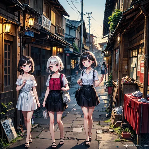 
(( masterpiece 、 top quality 、  Official Art 、  Detailed Anime  、Unity 8  ｋ wallpaper))、evening、night、((( 3 girls、2 girls in summer clothes 、smile)))、( detailed face 、Poor conditions、abandoned hot spring town 、Battleship Island、shop、Showa Retro:1.2)、(dirt...