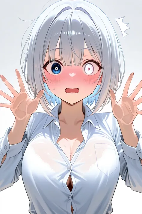 1girl, solo, sweet, blush, short hair, silver hair,
Eyes:
heterochromatic, left eyes is blue, right eyes is red. 

Expression:
The character has a surprised expression with her mouth slightly open and blushing cheeks, adding a sense of shyness or nervousne...