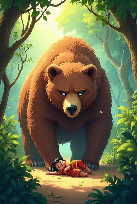 Give me a cartoon image of a wild bear walking towards a indian village boy who is lying down on the ground in the jungle and the boy eyes are closed