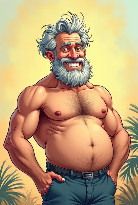 Cartoon of a 65-year-old mature man shirtless and hairy chest