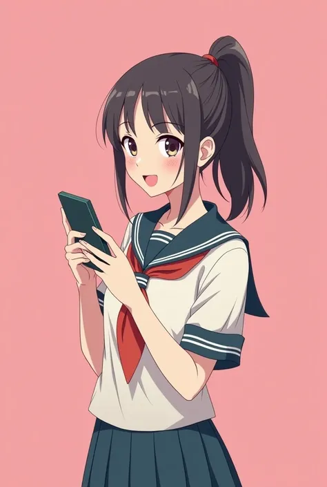  a novel cover picture with the title of a test service partner . background pink,  with a girl in a cute-faced high school uniform wearing a ponytail.  is holding a cell phone and there is a shadow of the contents of the cell phone .  is like a chat order...