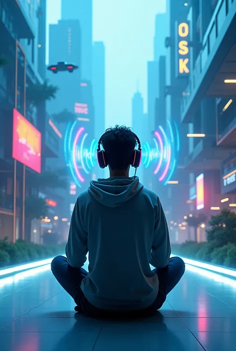 A futuristic scene set in the year 2050, featuring a young man sitting alone in a sleek, minimalist room with glowing neon accents. He wears advanced over-ear headphones that seem to be connected directly to his neural interface, with holographic sound wav...