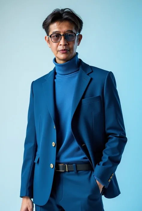 A half-body fashion portrait of a male model wearing a modern outfit with a blue tonal palette, short hair, wearing glasses, standing in a professional studio. The outfit features sleek lines and contemporary design, complemented by accessories that match ...