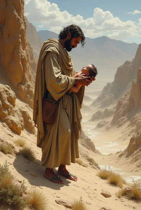 The picture of a person leaving a baby on a sandy mountain is inspired by the story of Isaacs slaughter