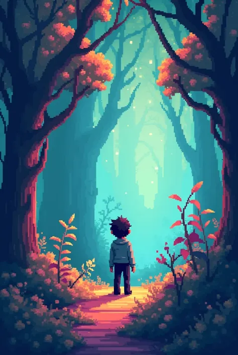 Create a pixel forest with a pixel person 