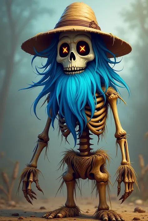 Create an image of a skeleton with a fiery blue beard dressed as a scarecrow with X-shaped eyes animated style 