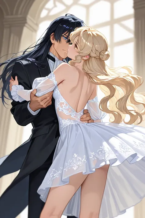 Tall teenager with Black hair light cold blue eyes tall handsome bad temper wearing black clothes and a ballerina girl with blonde long wavy hair and golden eyes in a magic land wearing a white delicate dress