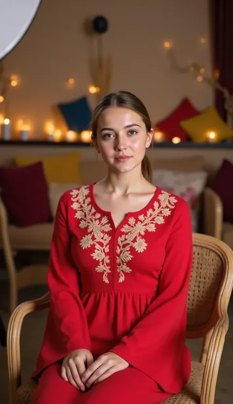 A beautiful Iranian lady wearing a hijab abaya guipure with wide guipure sleeves sitting on a wicker chair in the street next to a coffee shop and looking at the camera and from the side view and looking at the camera