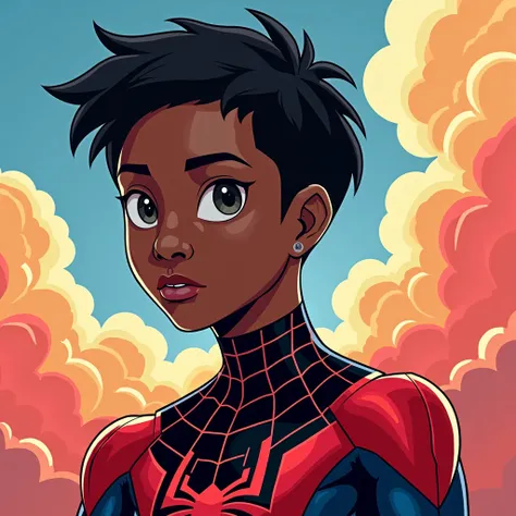 Vector of Mini Spiderman Miles Morales wearing his Suit with Colorful Clouds as the background. (Show Only from Shoulder until Head)